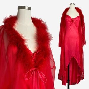 Vintage 80s Undercover Wear red feather trim peignoir set femme fatale vixen M/L